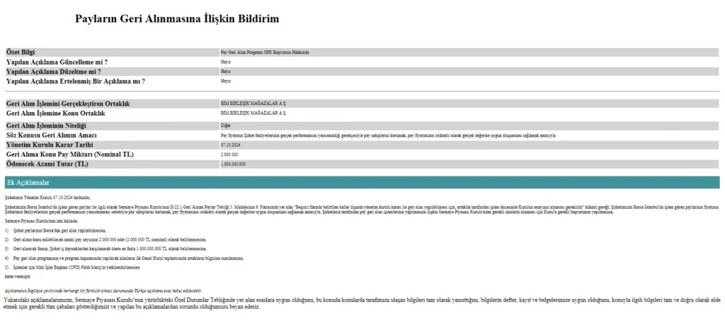 BİMAS hisse geri alım programı başlatmak için SPK'ya başvurdu